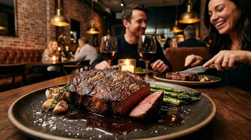 Perfectly grilled thick-cut ribeye steak with red-wine jus, roast garlic and grilled asparagus on stoneware — a happy couple dining in a warm candlelit restaurant behind.